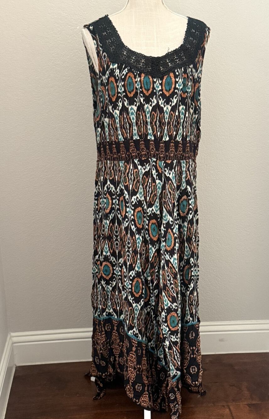 Billa Womens XXL Plus Black Maxi Dress Boho Paisley Multicolor Shark Bite Hem